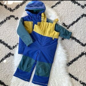 Hanna Andersson Blue and Yellow Kids Puffer Jacket and Overalls